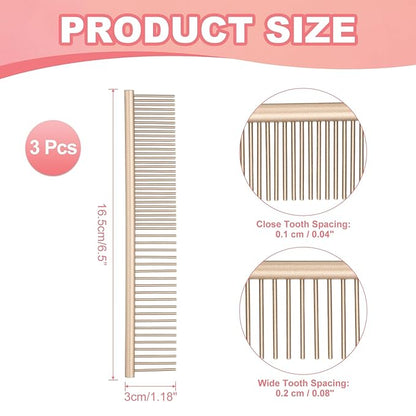 PETAXCELL Dog Cat Comb, Pet Combs Stainless Steel Teeth with Rounded Ends for Knots Mats Loose Hair Removal, 6.5IN (Gold Coated, 3 Pack), Grooming Tool Intended for Long Curly Hair Pet