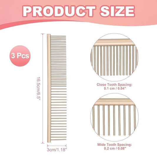 PETAXCELL Dog Cat Comb, Pet Combs Stainless Steel Teeth with Rounded Ends for Knots Mats Loose Hair Removal, 6.5IN (Gold Coated, 3 Pack), Grooming Tool Intended for Long Curly Hair Pet
