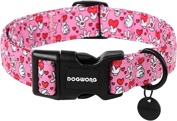 DOGWONG Pink Heart Dog Collar Adjustable Soft Natural Fabric Girl Pet Dog Collar Cute Heart Valentine Puppy Necklace for Small Medium Large Dog