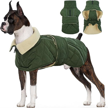Kuoser Extra Warm Dog Coat, Windproof Cold Weather Dog Jackets for Large Dogs, Thick Fleece Lining Pet Turtleneck Snowsuit Reflective Adjustable Puppy Winter Coat Doggie Snow Jacket Green, XL