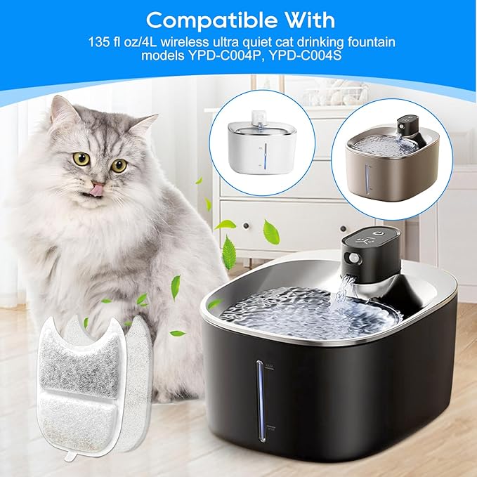 Cunina 8+8 Set Cat Water Fountain Filters & Pump Sponges for 135 fl oz/4L Wilreless Cat Water Fountain, Replacement Filters & Sponges Pet Drinking Fountain Battery Operated for YPD-C004S,YPD-C004P