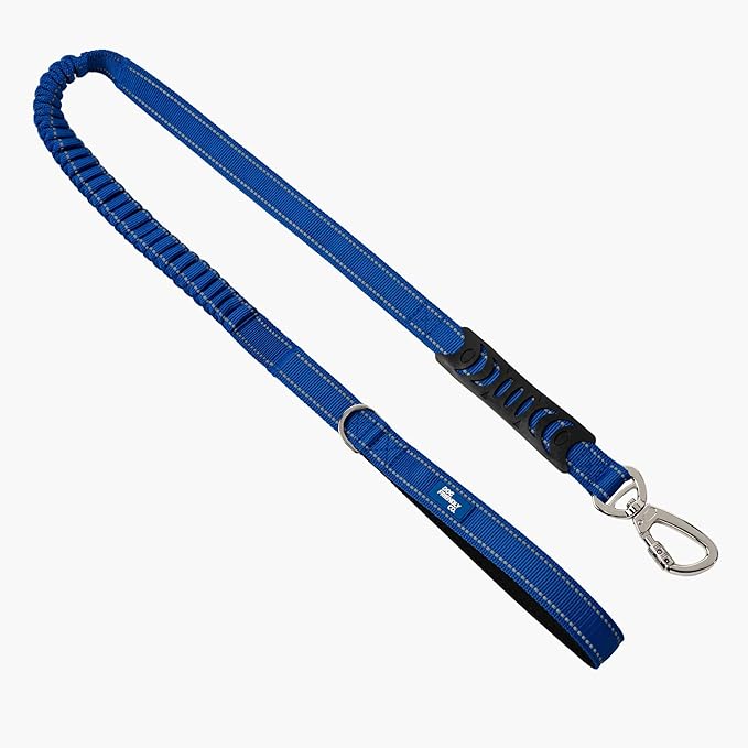 DF Co. Bungee Dog Leash | Strain Free & Shock Resistant for Control | Neoprene Padded Handle, Heavy-Duty Carabiner Clip, and D-Ring | Classic Blue, Size Small