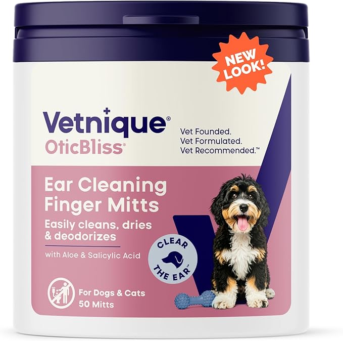 Vetnique Oticbliss Cat & Dog Ear Wipes - Dog Ear Infection Treatment or Dog Ear Cleaner Wipes for Dirty, Waxy, Smelly Dog Ears, Odor Control with Aloe Vera & Salicylic Acid (Finger Mitt Ear Wipes)