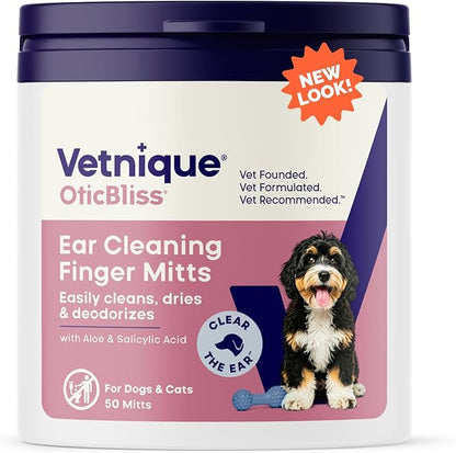 Vetnique Oticbliss Cat & Dog Ear Wipes - Dog Ear Infection Treatment or Dog Ear Cleaner Wipes for Dirty, Waxy, Smelly Dog Ears, Odor Control with Aloe Vera & Salicylic Acid (Finger Mitt Ear Wipes)