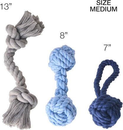 Brady The Rope Tug Toy 3-Pack Organic Cotton Dog Rope Pull Toys for All Pet Breeds, Blue Ombre, One Size