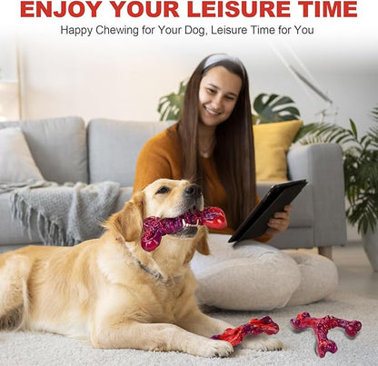 Long-Lasting Nylon Dog Chew Toys for Aggressive Chewers, Heavy-Duty Chew Bones for Medium & Large Dogs 25–80 lbs, Beef Flavor, 3-Pack (Red)
