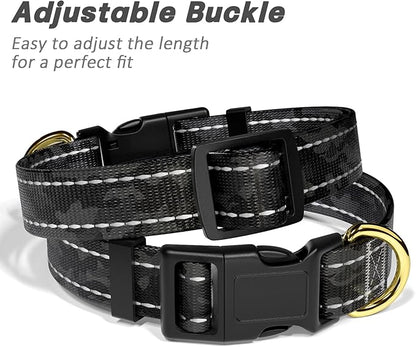 Reflective Dog Collar for Medium Dogs, Cute Camouflage Adjustable Heavy-Duty Nylon Puppy Collar for Boy and Girl Female, Soft Pet Accessories with Quick Release Buckle, Black