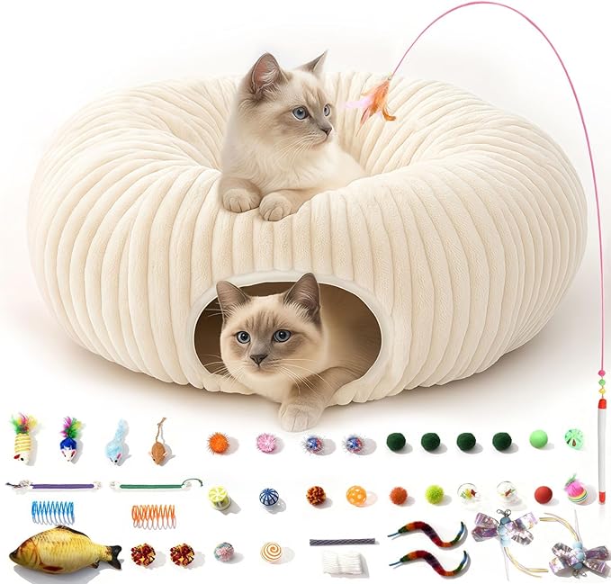 MOYMO Cat Tunnel Bed with 40 Cat Toys, Collapsible Play Tunnel for Indoor Cats, Cat Tube for Kitten Puppy