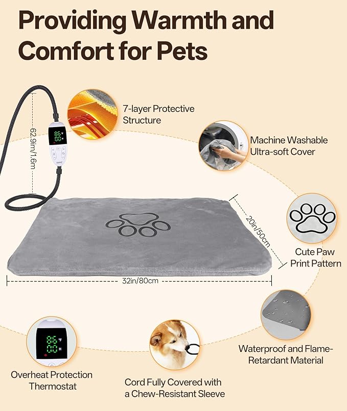 Ringco Pet Heating Pad for Dogs with 12 Adjustable Temperature, Waterproof & Chew Resistant Dog Heating Pad with Timer, Heated Dog Bed with Fleecy Cover (L: 32” x 20”)