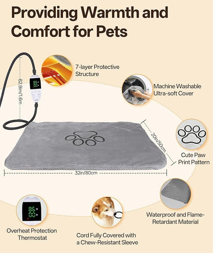 Ringco Pet Heating Pad for Dogs with 12 Adjustable Temperature, Waterproof & Chew Resistant Dog Heating Pad with Timer, Heated Dog Bed with Fleecy Cover (L: 32” x 20”)