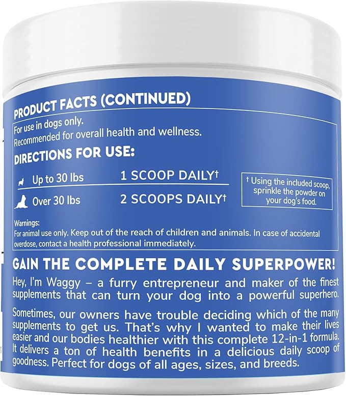 Premium 12-in-1 Multivitamin Powder for Dogs Food Topper – Daily Scoop Multivitamin Dog Supplement for Joints, Digestion, Skin, Heart & Immunity – Probiotics, Collagen, Glucosamine, Mushrooms–7.3oz