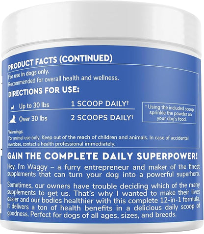 Premium 12-in-1 Multivitamin Powder for Dogs Food Topper – Daily Scoop Multivitamin Dog Supplement for Joints, Digestion, Skin, Heart & Immunity – Probiotics, Collagen, Glucosamine, Mushrooms–7.3oz