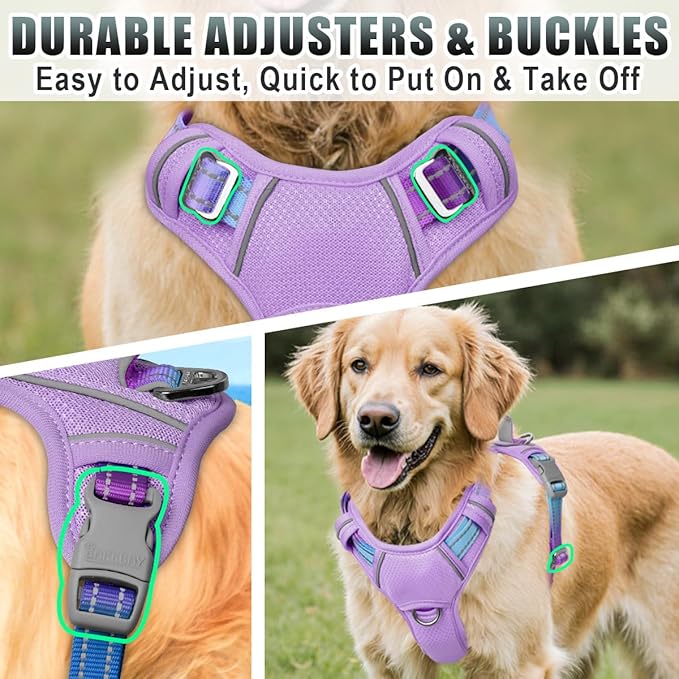 BARKBAY No Pull Dog Harness Large Reflective Dog Harness with Front Clip and Easy Control Handle for Walking Training Running with ID tag Pocket(Lavender Sky,M)