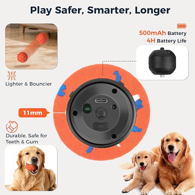 Aquamorph 2 Pack Interactive Dog Balls - Auto Moving Bouncing Vibrating Washable Dog Toys for Large Medium Dogs, Type-C Rechargeable, Blue and Orange, Grid Pattern
