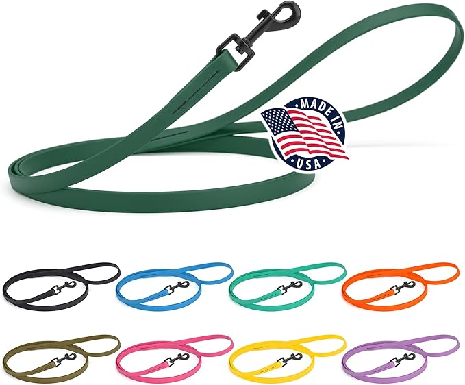 Dogline Biothane Waterproof Dog Leash Strong Coated Nylon Webbing with Black Hardware Odor-Proof Easy to Clean High Performance for Small or Large Dogs Made in USA 4 or 6 ft Lead, Hunter Green