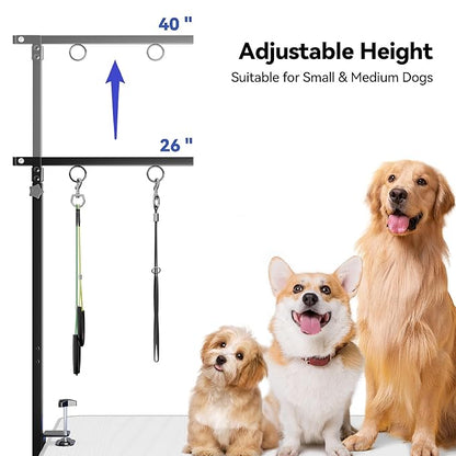 Foldable Dog Grooming Arm with Clamp: Adjustable Height 26"-40", Dog Grooming Table Arm with Hammock and No-Sit Holder, Grooming Restraint for Small Medium Dogs at Home or Salon