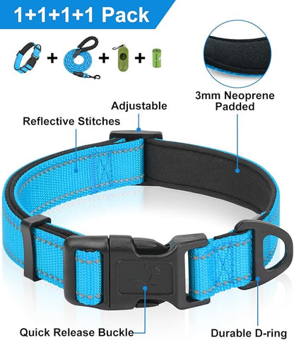 Dynmeow Reflective Dog Collar and Leash Set, 6FT Strong Climbing Rope Leash with Padded Handle, Adjustable Pet Collar with Soft Neoprene Padding for Medium Large Dogs, Blue, M