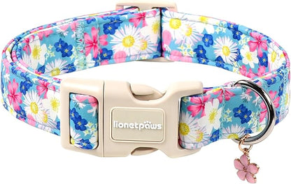 Lionet Paws Floral Dog Collar- Cute Spring Wildflowers Daisy Forget Me Not Dog Collars with Plastic Buckle,Light Adjustable Dog Collars for Medium Large Dogs