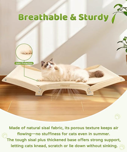 Famifit Cat Scratcher Bed with Sisal & Solid Wood Base, Extra Large Cat Scratch Pad for Scratching, Lounging & Sleeping, Stable Anti-Tip Design, Paint-Free & Eco-Safe, Easy Assembly, 34”