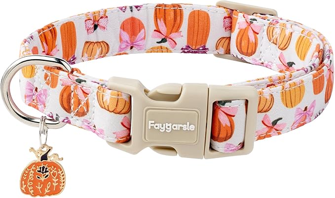 Faygarsle Fall Pumpkin Pattern Dog Collar with Charm, Adjustable Neckwear for Small Medium Large Dogs, Orange and Pink for Small Medium Large Dogs L