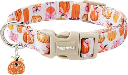 Faygarsle Fall Pumpkin Pattern Dog Collar with Charm, Adjustable Neckwear for Small Medium Large Dogs, Orange and Pink for Small Medium Large Dogs XS