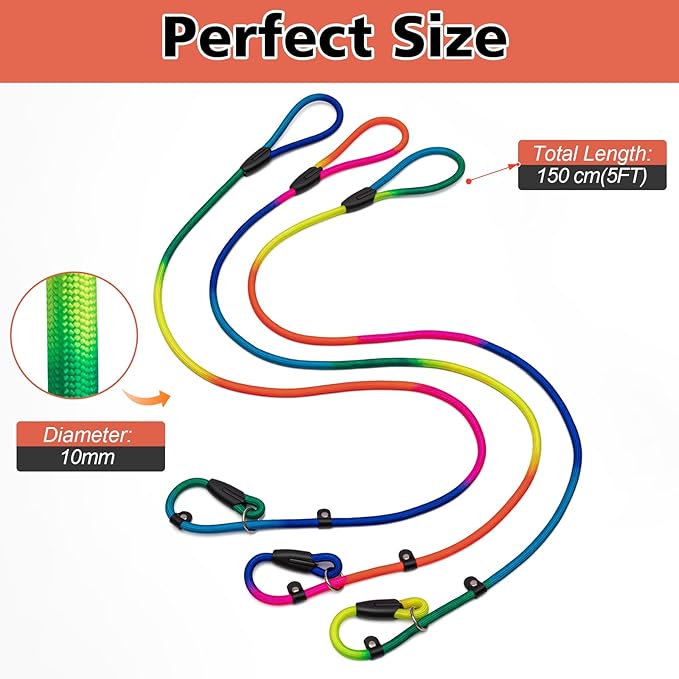 3-Pack Adjustable Rainbow Dog Slip Leads Multi-Color, 5FT Reflective Nylon – No Collar Needed, No-Pull, Ideal for Small/Medium Dogs (Training/Walking)