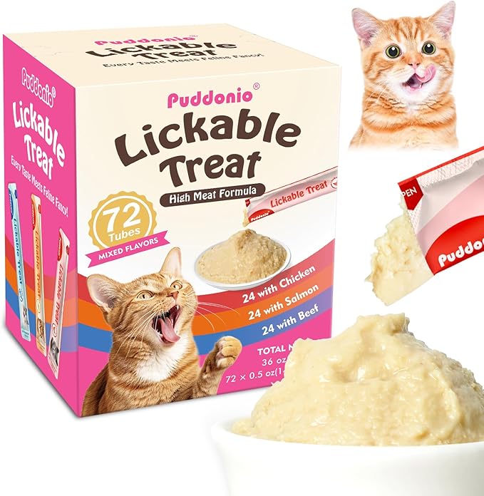 Puddonio High-Meat Lickable Cat Treats, Grain & Gum Free, No Additives, All-Natural High Protein Puree, 0.5oz Tubes (Pack of 72)