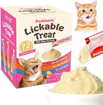 Puddonio High-Meat Lickable Cat Treats, Grain & Gum Free, No Additives, All-Natural High Protein Puree, 0.5oz Tubes (Pack of 72)