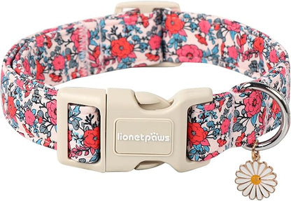 Lionet Paws Floral Dog Collar- Cute Red Pink Flower Dog Collars with Plastic Buckle,Light Adjustable Dog Collars for Medium Large Dogs