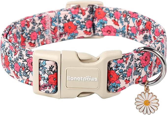 Lionet Paws Floral Dog Collar- Cute Red Pink Flower Dog Collars with Plastic Buckle, Light Adjustable Dog Collars for Small Dogs