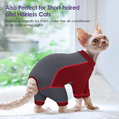 SUNFURA Hair Sticky Cat Clothes, Cat Sweater for Cats Only, 4-Legged Fleece Sweaters Kitten Pajamas Reduce Shedding Fur, Warm Pullover Shirts for Cats, Red M