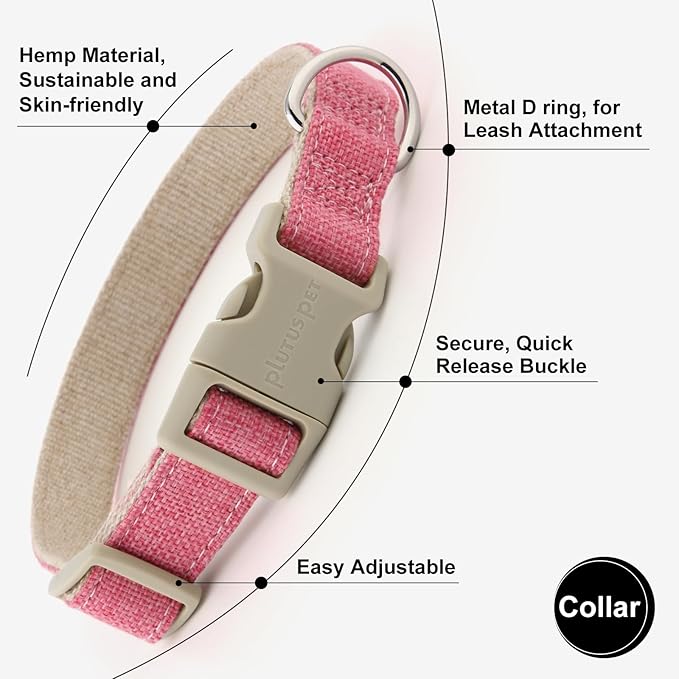 Plutus Pet Cotton Hemp Dog Collar and Leash Set, Adjustable Collar for Small, Medium, and Large Dogs, Heavy Duty and Soft on Skin, Hot Pink, S