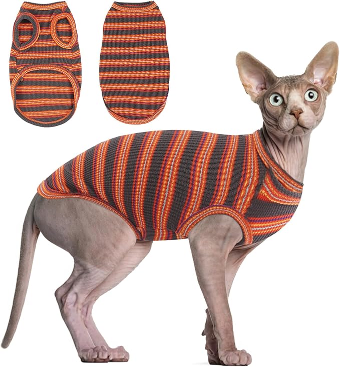 BRKURLEG Sphynx Hairless Cats Shirt Puppy Clothes Soft Cotton T-Shirts Cute Cats Pajamas Cat Stripes Vest Pet Sweater, Round Collar Vest Kitten Shirts(Red Stripes, XL)
