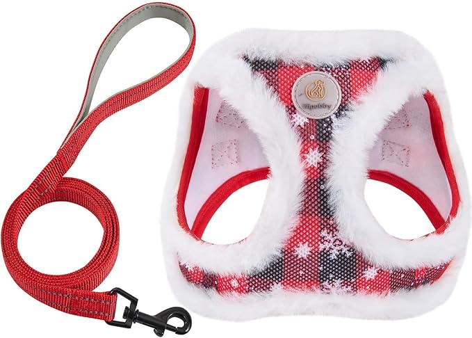 Hipubby Christmas Dog Harness and Leash Set, No Pull Soft Mesh Puppy Harness for Small Medium Dogs, Cats - Step in Reflective Vest Harness for Walking, Training - Plush Red, XS