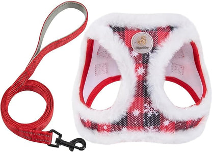 Hipubby Christmas Dog Harness and Leash Set, No Pull Soft Mesh Puppy Harness for Small Medium Dogs, Cats - Step in Reflective Vest Harness for Walking, Training - Plush Red, XS
