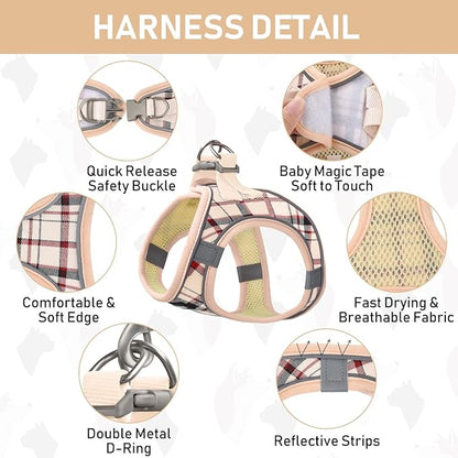 GAMUDA Small Dog Harness Collar and Leash Set, Step in No Chock No Pull Soft Mesh Adjustable Dog Vest Harnesses Plaid Reflective for Dogs Puppy Cats Kitten Rabbit (Beige Red, XXXS)