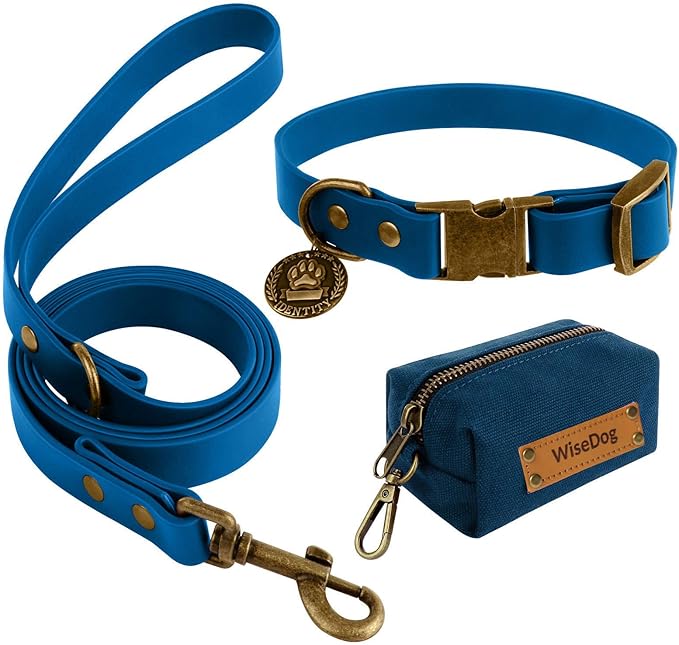 Wisedog Dog Collar and Leash Set, Waterproof Adjustable Puppy Collars with Cute Tag 6FT Dog Leash with Poop Bag for Small Medium Large Dogs (XL, Blue)