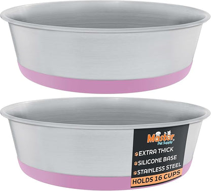 Master Pet Supply Stainless Steel Dog Bowls Set of 2 with Extra Thick Silicone Base - 16 Cup (128 oz) Hyper Pink, Non-Slip, Dishwasher Safe Metal Bowls, Pet Dog Food Bowl for Dogs, Cats, Anti Rust
