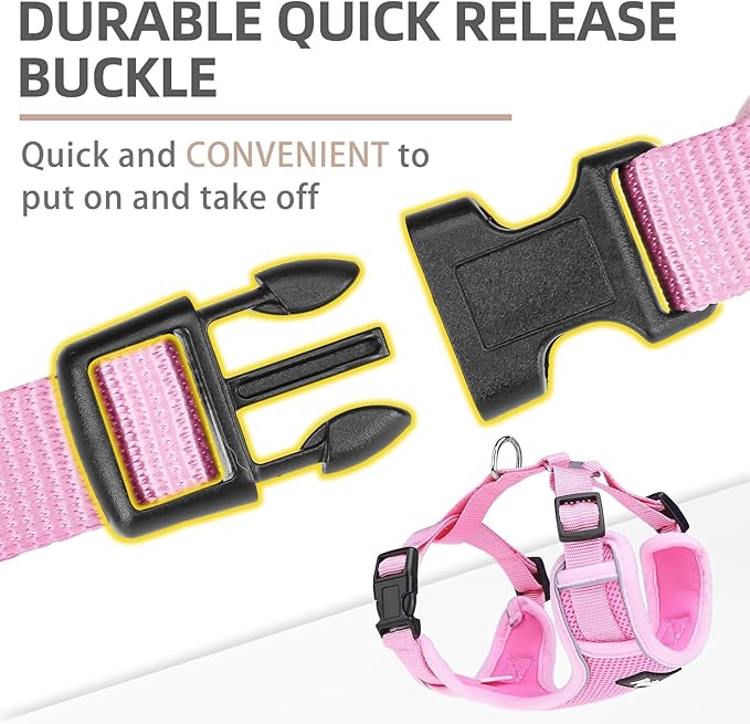 PUPTECK Small Dog Harness and Leash Set, No Pull Adjustable Puppy Cat Harness, Reflective Soft Mesh Pet Vest Small Sized, Pink, L