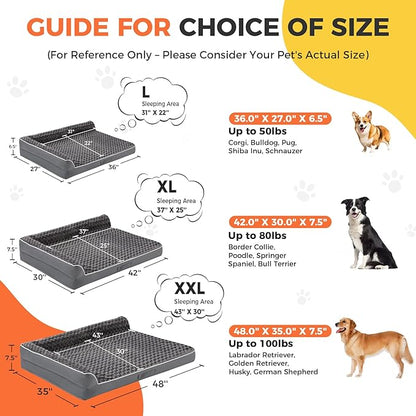 Dog Bed Large Sized Dogs, Orthopedic Dog Bed for Large Dogs, Waterproof Pet Bed with Washable Removable Cover, L-Shaped Pet Couch with Portable Handle 36"x27"x6.5", Dark Grey