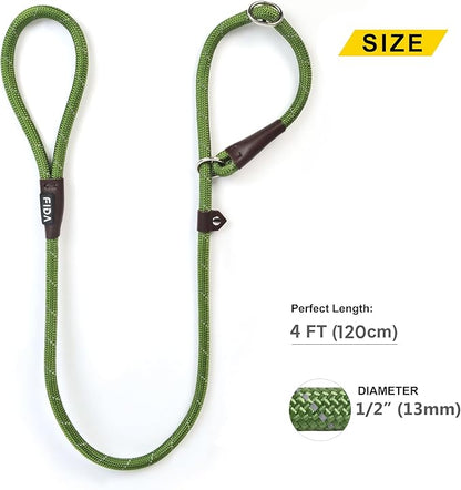Fida Slip Leads for Dogs, 4 FT x 1/2" Dog Leash Heavy Duty Comfortable Strong Rope Lead for Large, Medium Dogs, No Pull Pet Training Leash with Highly Reflective,Green