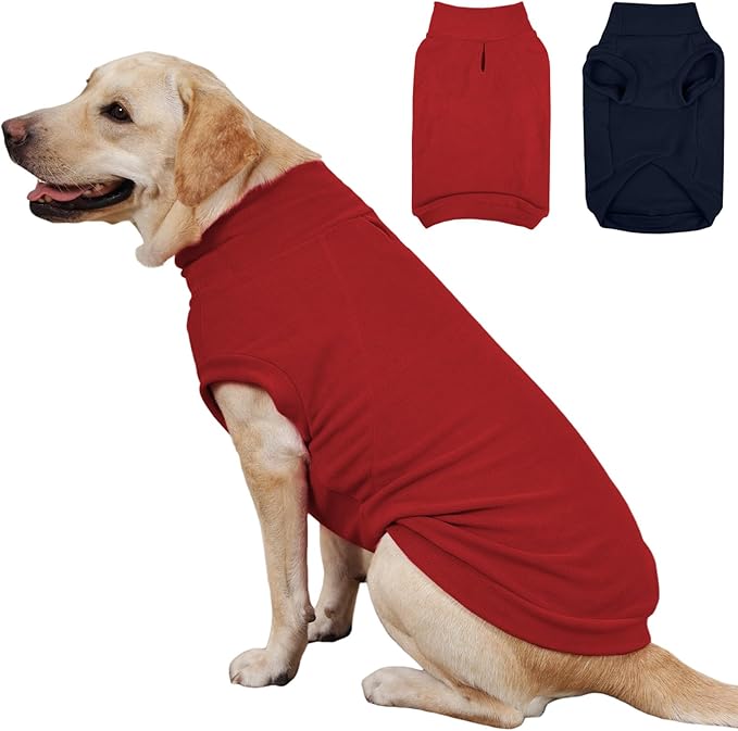 IECOii 2 Pack 3XL Dog Sweater for Labrador, Stretchy Fleece Coat for Large Dogs Boy Girl, Labrador, Comfort Pet Jacket Warm Fleece Sweaters with Leash Hole for Fall & Winter (Size XXXL, Blue & Red)
