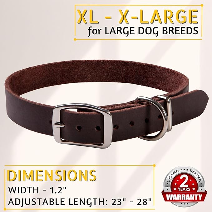 ADITYNA Leather Dog Collar for Extra-Large Dogs - Classic, Soft, Strong, Heavy Duty, Handmade Top-Grain Leather - for Walking, Training, and Hiking