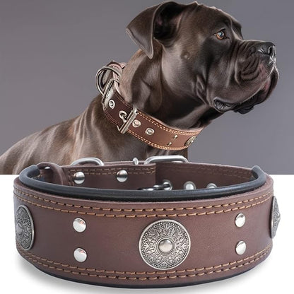 Leather Dog Collar, 2 inches Wide Heavy Duty Genuine Leather Collars, Handmade, Soft, and Luxury, Eye-catching Best Choice for Large and Medium Breed Dogs 21-25 inches