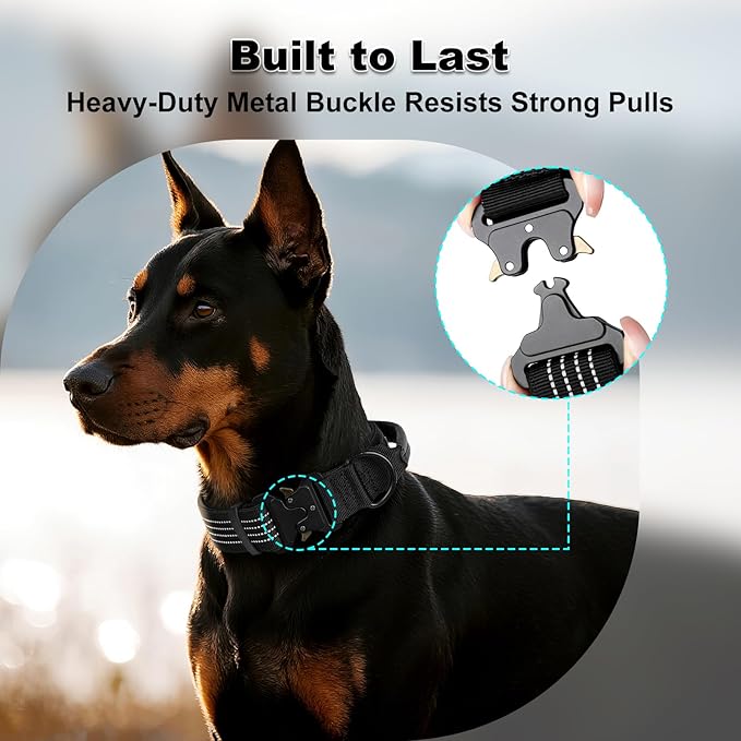 Plutus Pet Tactical Dog Collar with Tracker Pocket for AirTag, Adjustable Reflective Nylon Collar, Metal Buckle, Leather-Wrapped Handle, Soft Padded for Medium Large Dogs (Black, S)