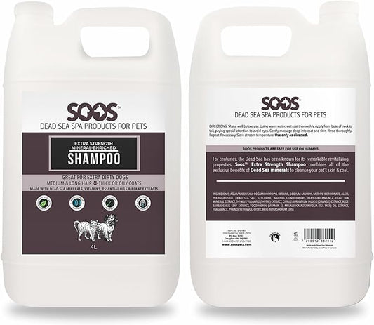 Soos Pet Extra Strength Mineral Enriched Shampoo for Dogs and Cats Natural Dead Sea Mineral Enriched Deeply Absorbing with Vitamins Essential Oils Natural Ingredients - 1x (4L Gallon)