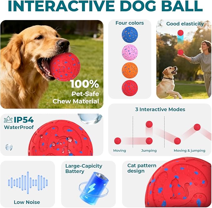Smart Interactive Dog Toy Ball – Automatic Moving, Bouncing & Rolling, 3 Modes, Chew-Proof E-TPU Shell, Waterproof, Rechargeable,Dog Ball for Medium and Large Dogs, Red