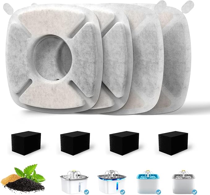 Cat Water Fountain Filter Pet Drinking Fountain Filter, Compatible with 67/95/135/85oz Automatic Pet Dispenser, Triple Filtration Dog Fountain Filter, 4 Pack (4 Carbon Filters+4 Sponge Filters)