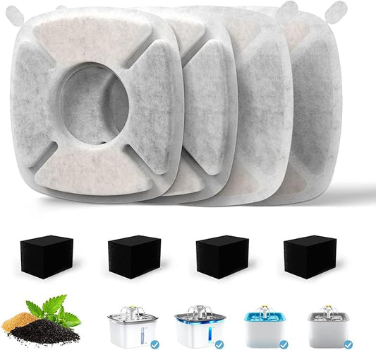 Cat Water Fountain Filter Pet Drinking Fountain Filter, Compatible with 67/95/135/85oz Automatic Pet Dispenser, Triple Filtration Dog Fountain Filter, 4 Pack (4 Carbon Filters+4 Sponge Filters)