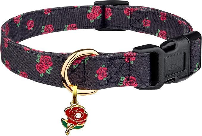Cotton Handmade Dog Collar Cute and Distinctive Patterns Black Rose with Pendant for Girl Boy Dogs Collars M